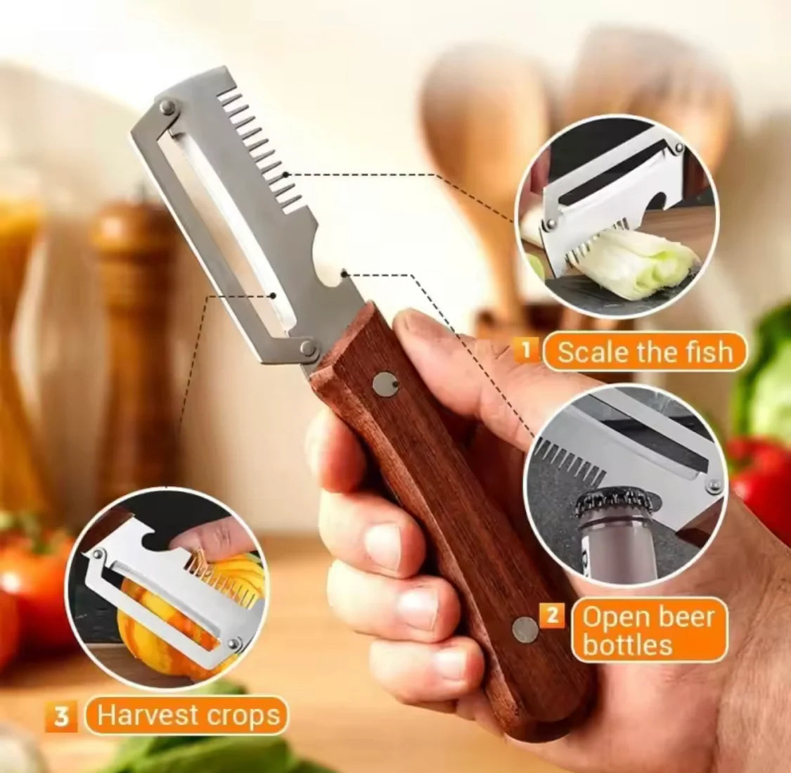 (Big Size) 3in1 Peeler Knife Stainless Steel | Multifunctional Fruit & Vegetable Peeler With Wooden Handle | Kitchen Vegetable Cutter Slicer Tool & Bottle Opener
