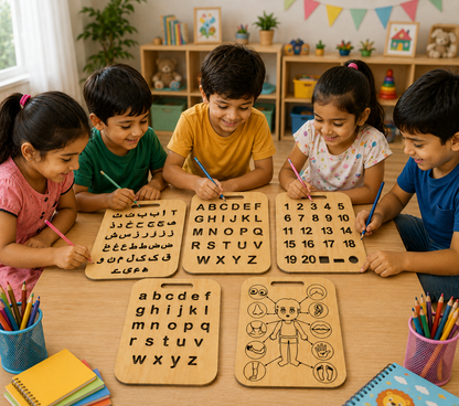Educational Wooden Tracing Board Set 5 Pcs – Urdu, English, Numbers & Body Parts Learning Boards