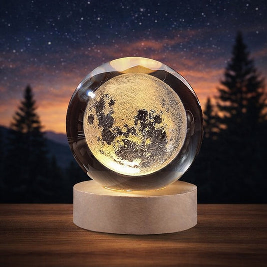 3D Galaxy Crystal Ball Lamp with Wooden LED Base | Moon Shape Decorative Night Light