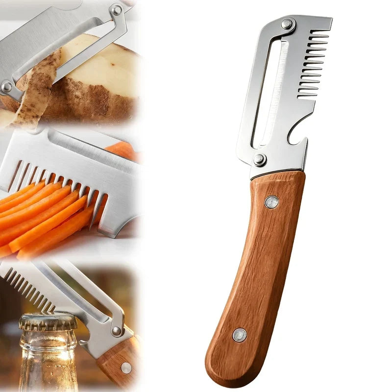 (Big Size) 3in1 Peeler Knife Stainless Steel | Multifunctional Fruit & Vegetable Peeler With Wooden Handle | Kitchen Vegetable Cutter Slicer Tool & Bottle Opener