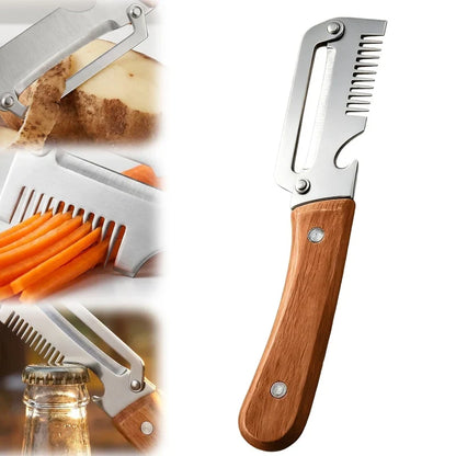 (Big Size) 3in1 Peeler Knife Stainless Steel | Multifunctional Fruit & Vegetable Peeler With Wooden Handle | Kitchen Vegetable Cutter Slicer Tool & Bottle Opener