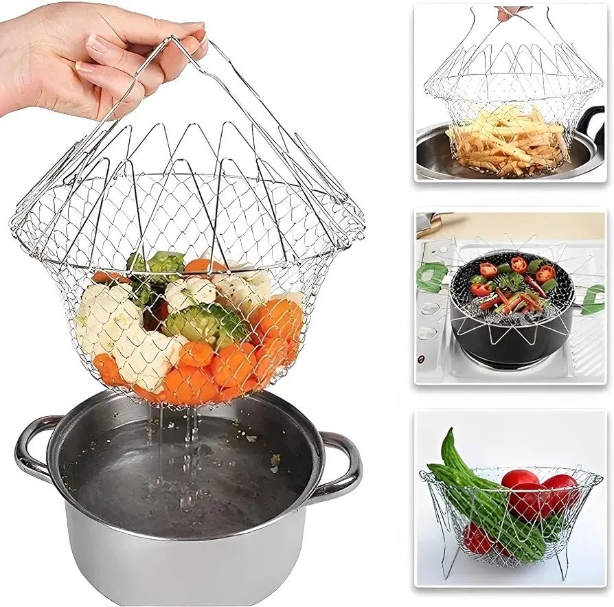 Stainless Steel Foldable Frying Basket – Collapsible Kitchen Chef Basket