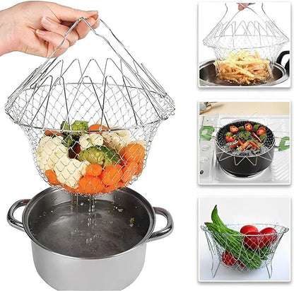 Stainless Steel Foldable Frying Basket – Collapsible Kitchen Chef Basket