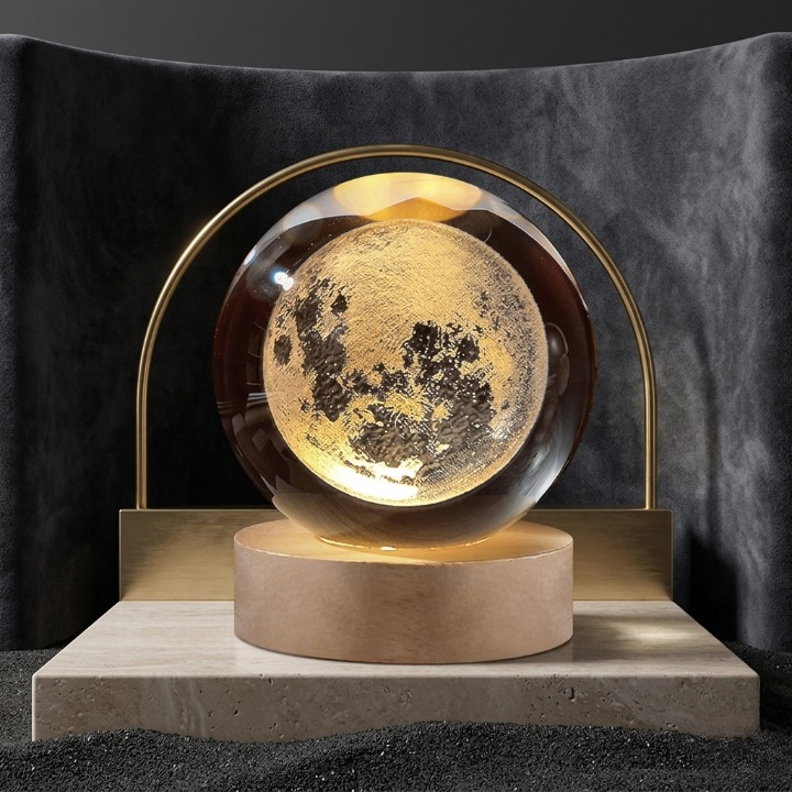 3D Galaxy Crystal Ball Lamp with Wooden LED Base | Moon Shape Decorative Night Light
