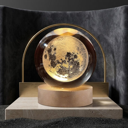 3D Galaxy Crystal Ball Lamp with Wooden LED Base | Moon Shape Decorative Night Light