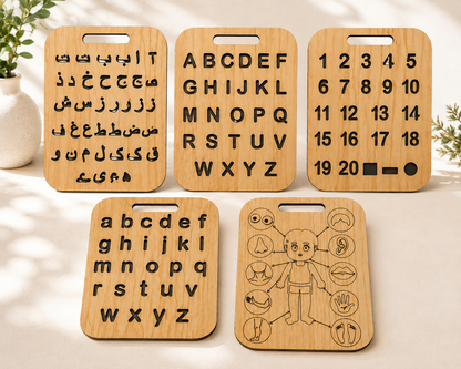 Educational Wooden Tracing Board Set 5 Pcs – Urdu, English, Numbers & Body Parts Learning Boards